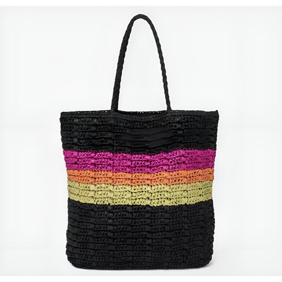Universal Thread Womens Boho Summer Beach‎ Striped Woven Straw Shoulder Tote Bag - Picture 1 of 6